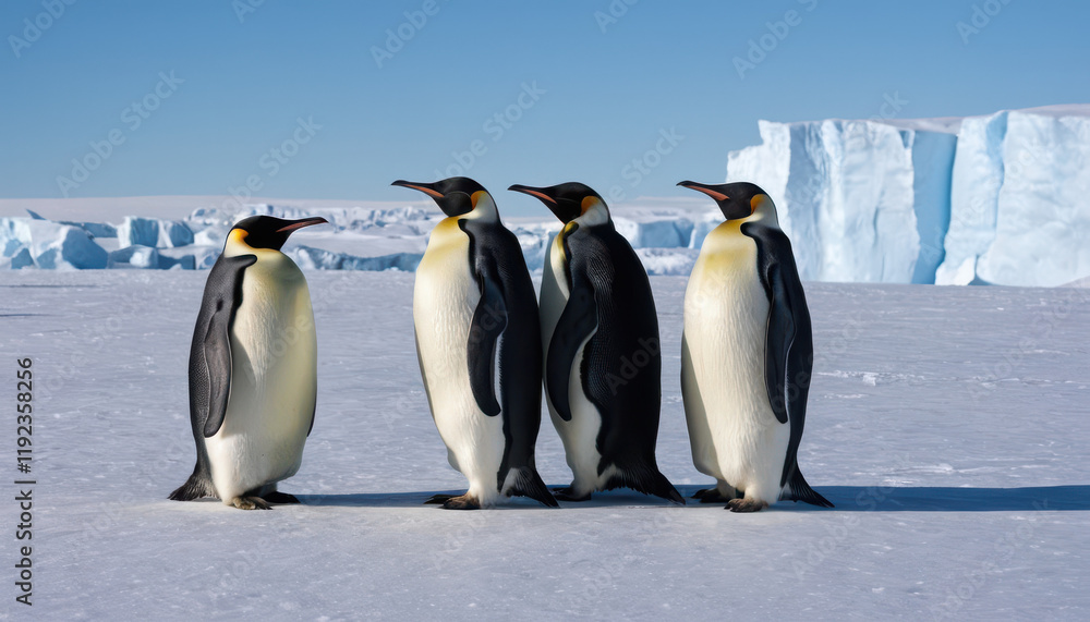 Fototapeta premium Group of emperor penguins huddled on icy terrain with glaciers and bright blue sky.