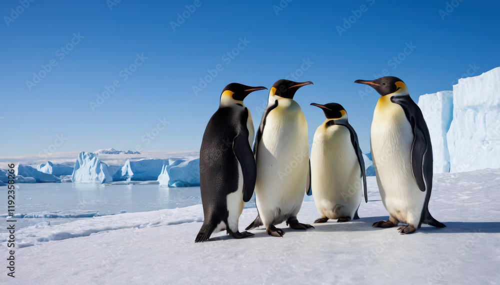 Obraz premium Group of emperor penguins huddled on icy terrain with glaciers and bright blue sky.