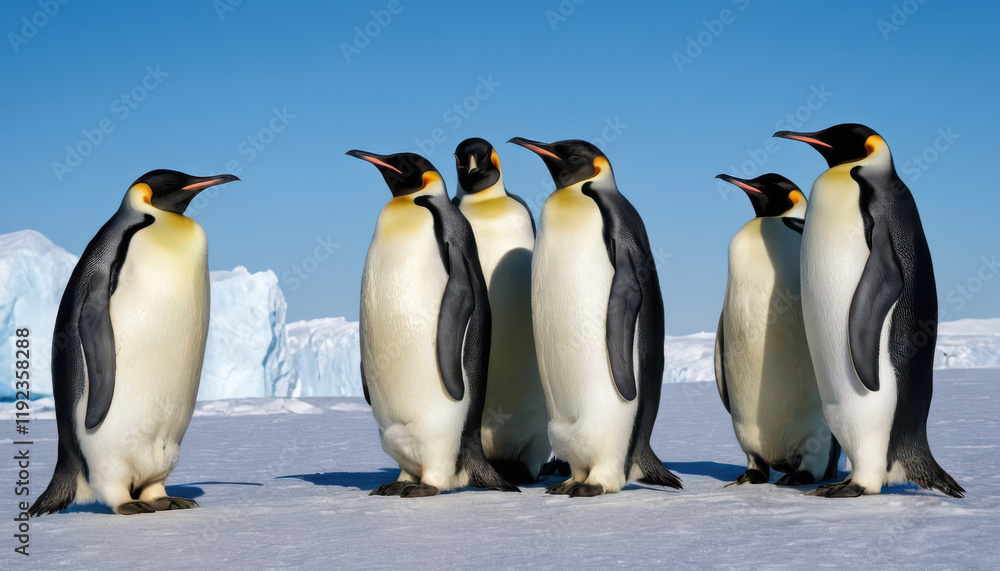 Fototapeta premium Group of emperor penguins huddled on icy terrain with glaciers and bright blue sky.