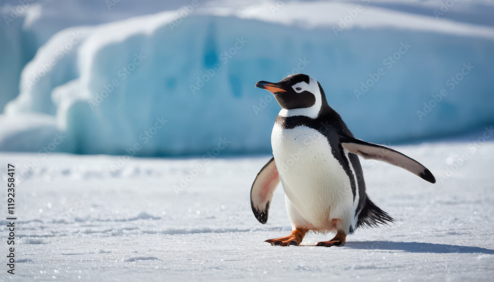 Fototapeta premium Close-up of penguin sliding across ice with sparkling snow and blurred penguin background