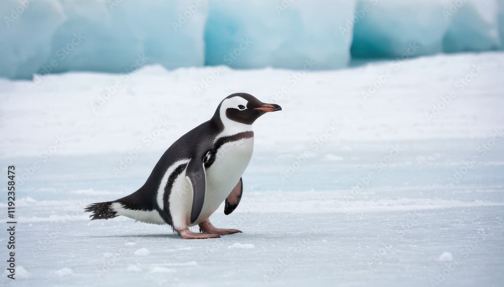 Fototapeta premium Close-up of penguin sliding across ice with sparkling snow and blurred penguin background