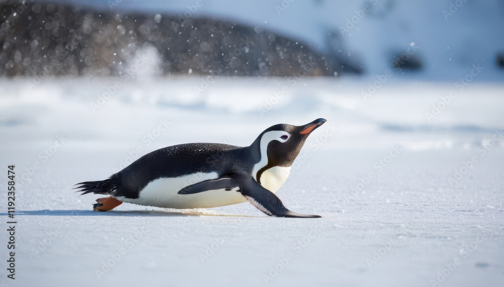 Fototapeta premium Close-up of penguin sliding across ice with sparkling snow and blurred penguin background