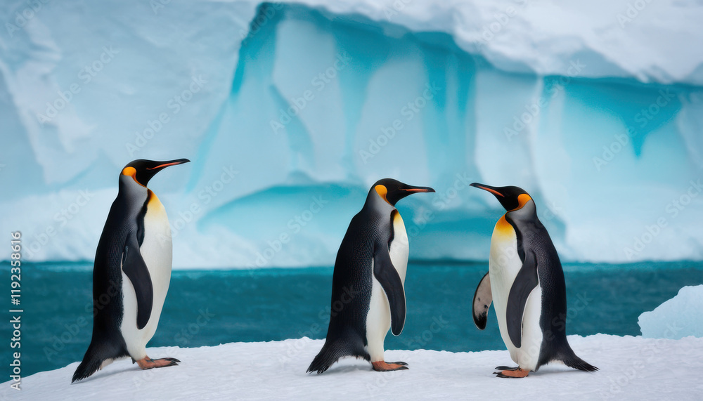 Fototapeta premium Penguins on icy cliff overlooking turquoise Antarctic ocean under soft light