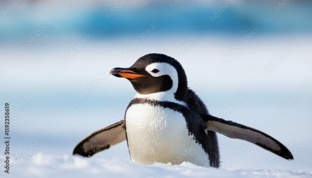 Naklejka premium Close-up of penguin sliding across ice with sparkling snow and blurred penguin background