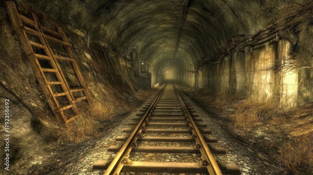 A subway tunnel at night with faint lighting at the end, highlighting the long, empty tracks stretching into the distance, surrounded by rough concrete walls A subway tunnel at night with faint lighting at the end, highlighting the long, empty tracks stretching into the distance, surrounded by rough concrete walls