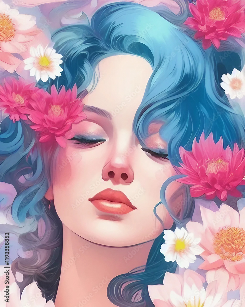 Naklejka premium Dreamer girl in beautiful flowers. Portrait of a young woman surrounded by flowers. Smooth PNG version.