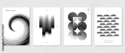 Abstract monochrome gradient poster background vector set. Modern cover template with black and white perspective geometric prism shapes. Ideal design for social media, banner, ads.