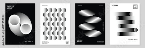 Abstract monochrome gradient poster background vector set. Modern cover template with black and white perspective geometric prism shapes. Ideal design for social media, banner, ads.