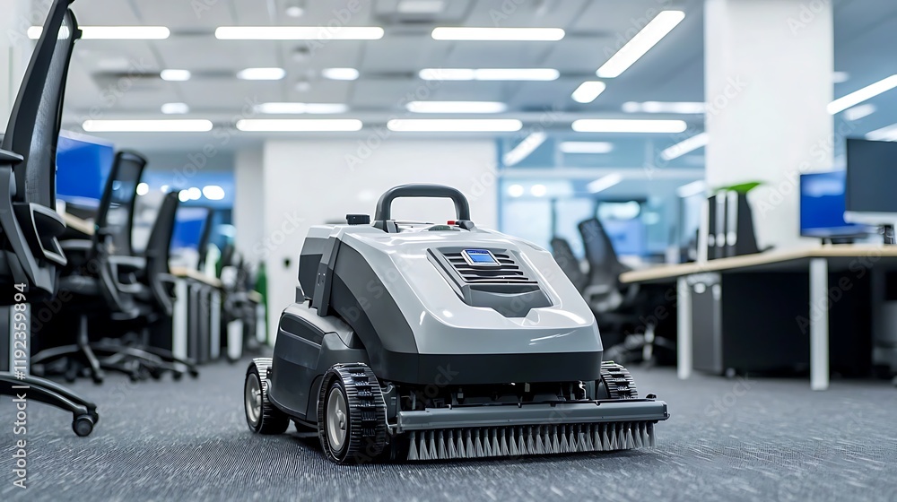 Obraz premium Robotic cleaner sweeping modern office carpet