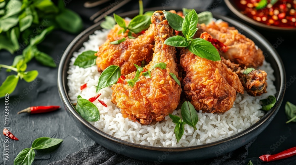 Fototapeta premium A top-down view of a well-presented plate of fried chicken on a bed of rice, with a touch of chili and fresh herbs, captured with soft natural lighting