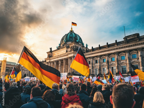Group of Germans waving flags in celebration for the national elections, showing unity and patriotism