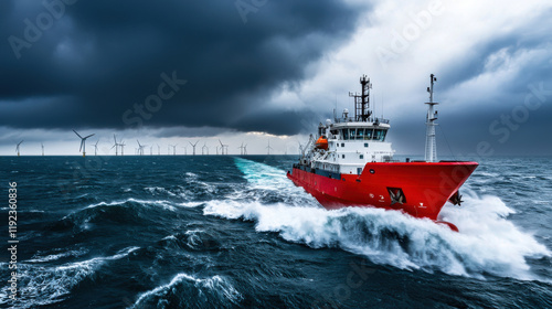 red ship navigating through stormy waters near offshore wind farm