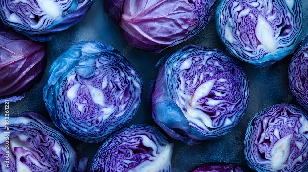 Fototapeta premium Halved Red Cabbages Arranged In A Close Up Shot