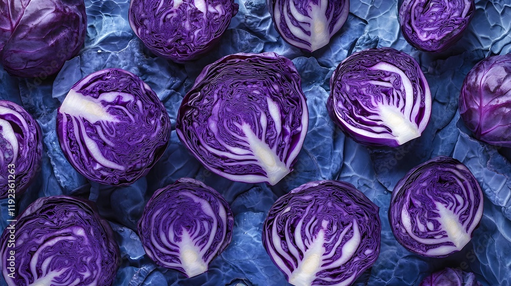 Obraz premium Red Cabbage Halves Arranged On Blue Background