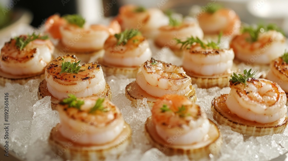 A variety of fresh seafood, including shrimp and scallops, displayed on crushed ice to preserve freshness, with glistening, translucent flesh A variety of fresh seafood, including shrimp and scallops, displayed on crushed ice to preserve freshness, with glistening, translucent flesh