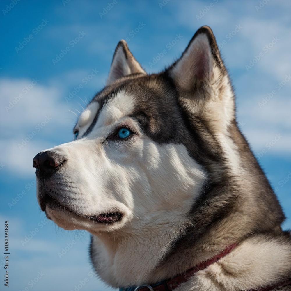 Obraz premium A Siberian Husky with striking blue eyes and a majestic posture on a soft sky-blue background.