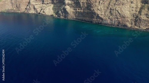 Aerial view of Captain Cook, Hawaii, featuring towering coastal cliffs, crystal-clear deep blue waters, and vibrant tropical scenery. photo