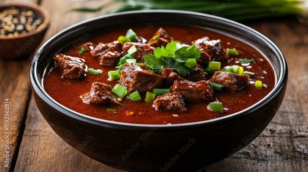 A warm bowl of beef rice with tender beef slices in a savory sauce, garnished with green onions, sesame seeds, and cilantro, placed on a rustic wooden table A warm bowl of beef rice with tender beef slices in a savory sauce, garnished with green onions, sesame seeds, and cilantro, placed on a rustic wooden table