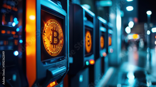 Bitcoin ATMs with glowing cryptocurrency symbols in urban setting