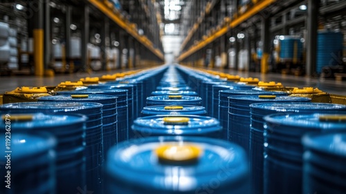 Industrial Warehouse Interior with Rows of Blue Drum Barrels for Chemical Storage and Distribution in a Modern Facility