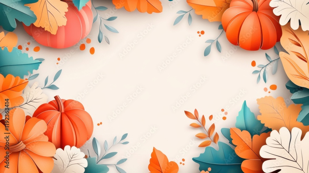 Develop a 3D vector design with layered paper-cut leaves, pumpkins, and floral elements elegantly framing the edges. Develop a 3D vector design with layered paper-cut leaves, pumpkins, and floral elements elegantly framing the edges.