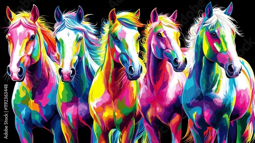 Five Colorful Horses: A Vibrant Digital Painting of Majestic Equines in a Spectrum of Rainbow Hues photo