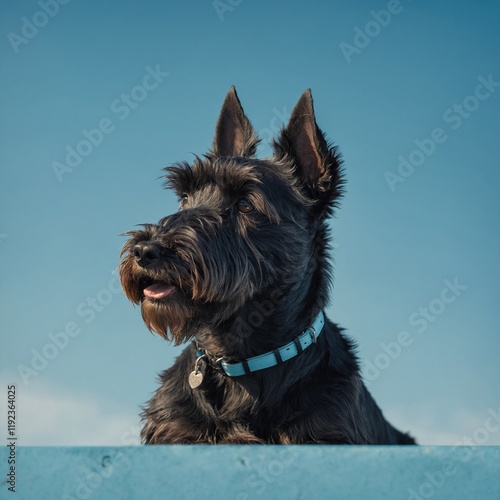 A Scottish Terrier with a well-groomed coat and proud stance on a minimalist sky-blue background.

 photo