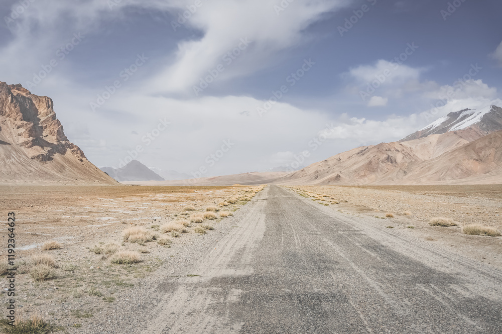 Naklejka premium Asphalt road of the Pamir Highway in the valley of the Tien Shan Mountains in Tajikistan in the Pamirs, landscape in the high desert mountains for background, the road goes into the distance