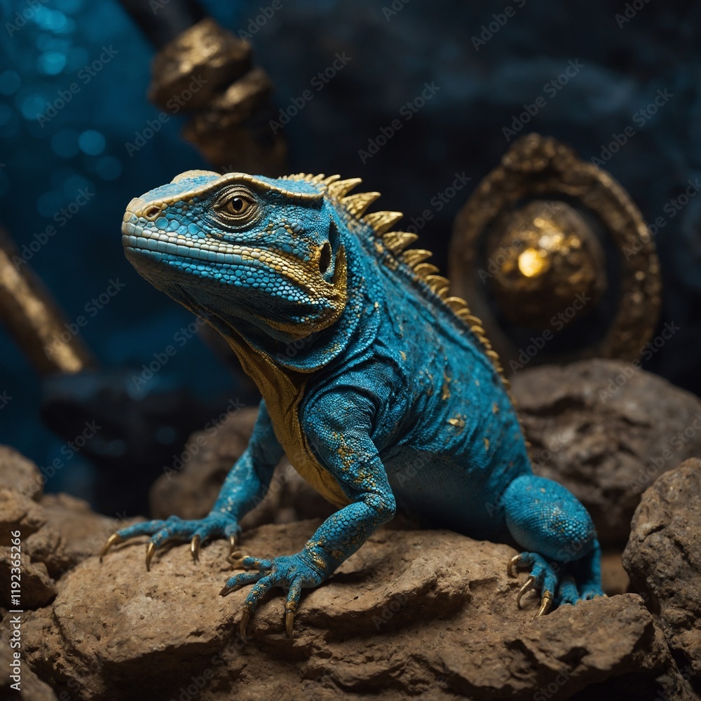 Obraz premium A blue and gold lizard sitting atop a piece of ancient treasure in a pirate's cave.