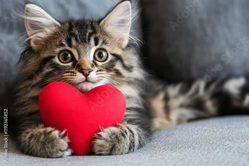 A cute cat holds a red heart in its paws and wishes everyone a Happy Valentine's Day photo