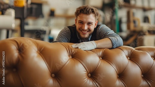 Furniture upholsterer restoring leather chesterfield sofa in workshop photo