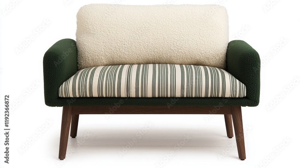 Fototapeta premium Patio furniture seating and minimal, A stylish two-toned armchair featuring a plush seat, green arms, and striped upholstery, perfect for modern living spaces.