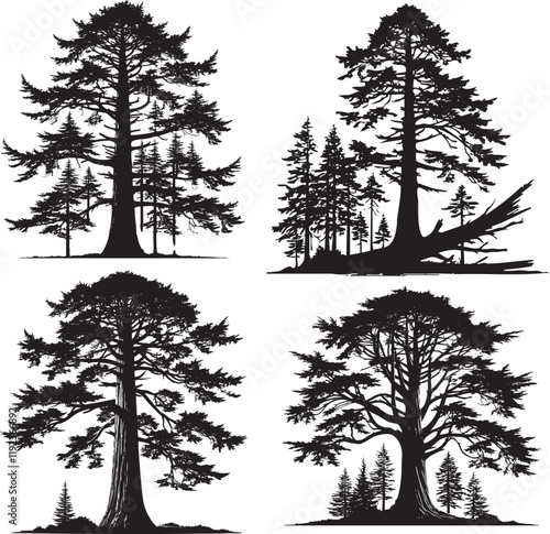 "High-Quality Four Set of Monochrome Vector Silhouettes of the Coast Redwood Tree"