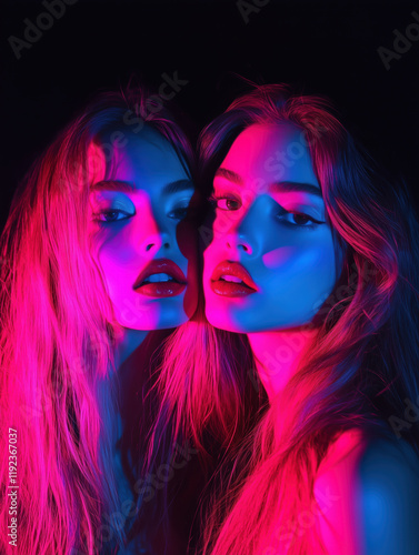 Portrait of a young woman twins with long hair in neon pink and blue lighting.  Reflective mirror effect. Modern fashion and beauty concept. Double exposure