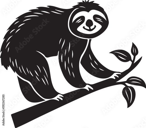 Silhouette of a Smiling Sloth Hanging on a Tree Branch