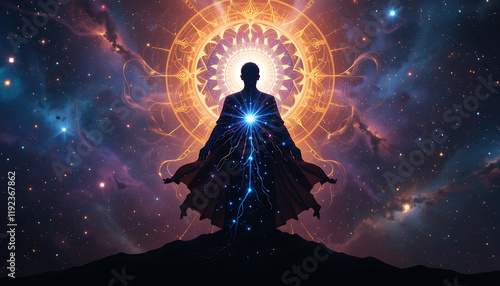 universe meta human god spirit silhouette on galaxy space background, new quality colorful spiritual stock image illustration wallpaper design, Generative AI 
