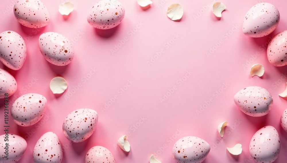 Pink eggshell texture backdrop, scattered white speckled eggs, repeating design, fabric, photo, overlay Pink eggshell texture backdrop, scattered white speckled eggs, repeating design, fabric, photo, overlay