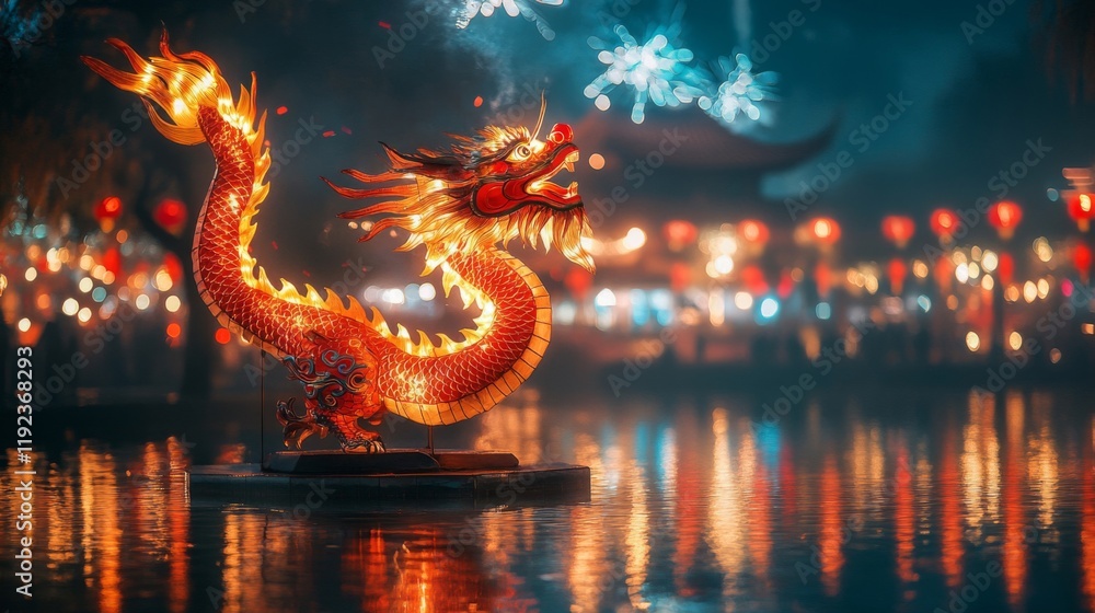 Illuminated Dragon Lantern Floats On Festive Water Illuminated Dragon Lantern Floats On Festive Water