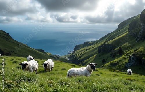 Black-faced sheep grazing on a lush green hillside with ocean and cliffs in the background photo