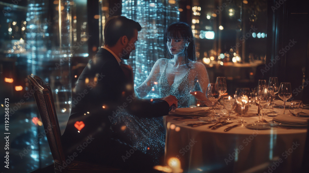 Young man enjoying a Valentine's dinner with a virtual holographic woman, blending romance and futuristic technology Young man enjoying a Valentine's dinner with a virtual holographic woman, blending romance and futuristic technology