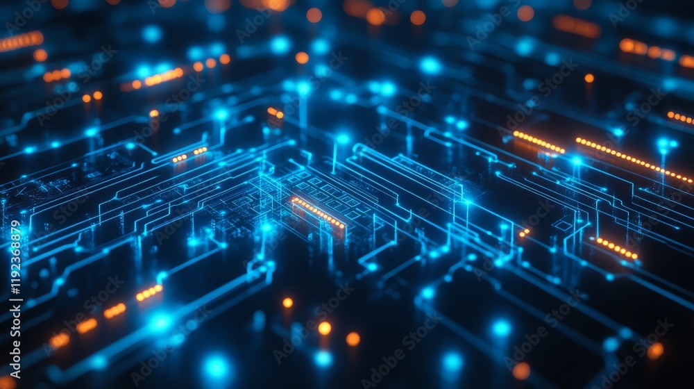 Obraz premium Abstract digital brain with connected circuit lines, glowing in blue, representing AI's integration in advanced cybersecurity defense systems