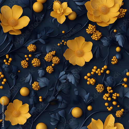 Seamless beautiful luxury yellow and black flowers 3d decor pattern photo