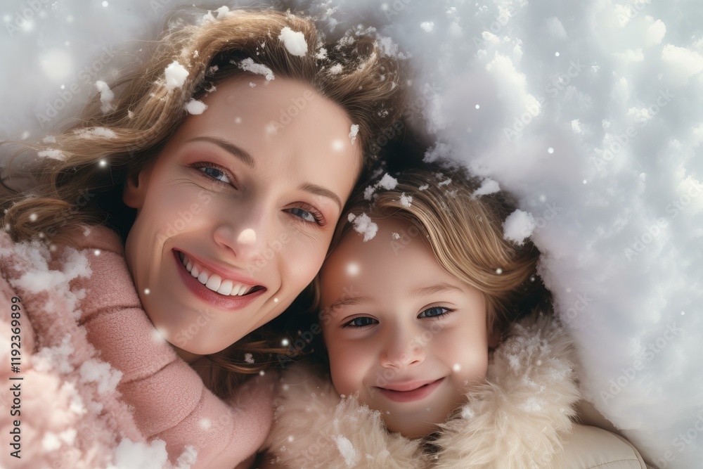 Mother and daughter having fun lying on snow wearing winter clothes during a winter day Mother and daughter having fun lying on snow wearing winter clothes during a winter day
