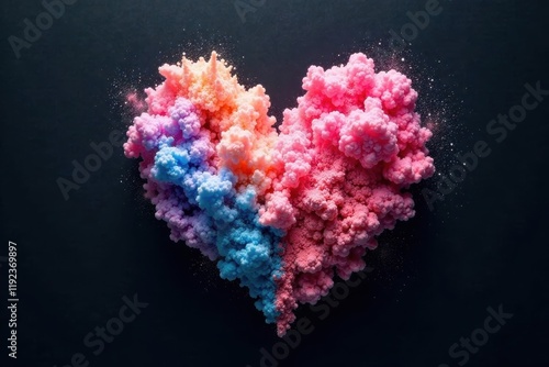 Abstract Heart Shaped Colorful Cloud of Powder Explosion on Dark Background