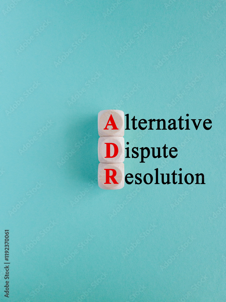 Concept words ADM Alternative Dispute Resolution on wooden cubes. Beautiful blue background. Business concept.