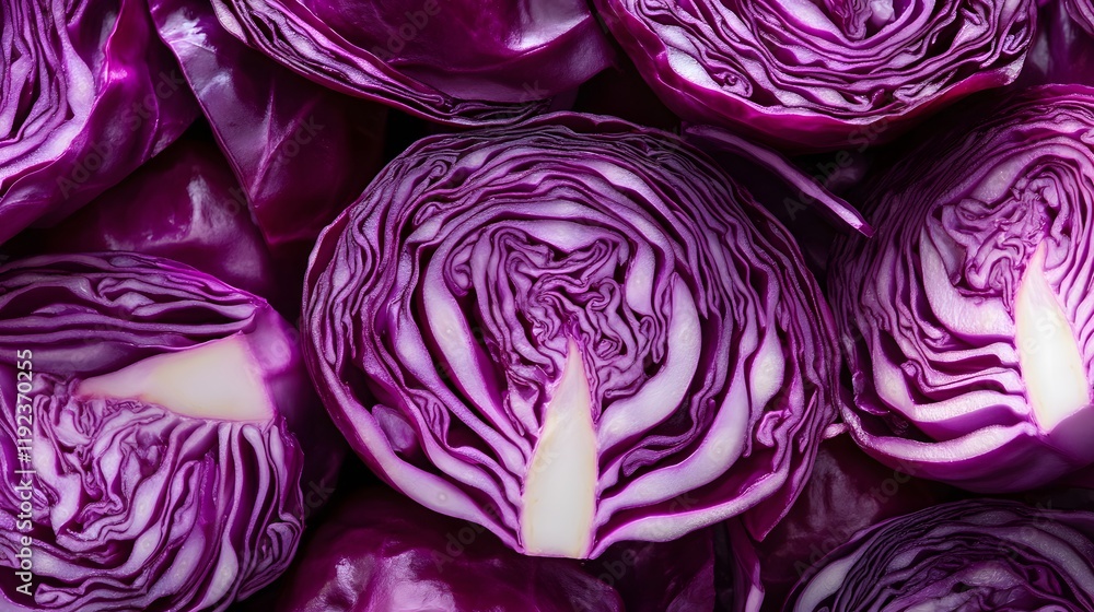 Obraz premium Sliced red cabbage showing vibrant purple layers