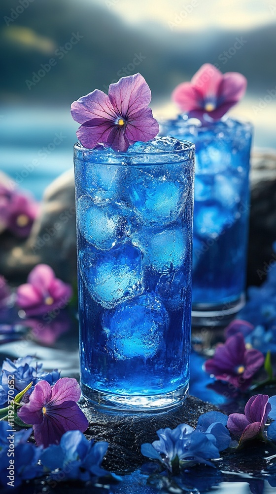 Blue cocktails with ice and flowers by a lake with mountain view Blue cocktails with ice and flowers by a lake with mountain view