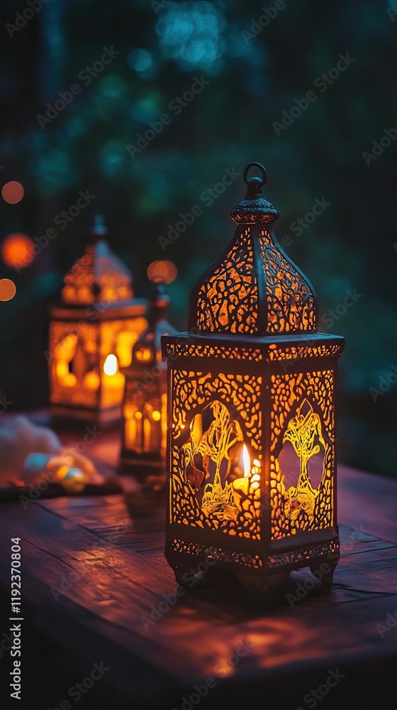 A serene evening scene featuring ornate lanterns casting warm light in a tranquil setting. A serene evening scene featuring ornate lanterns casting warm light in a tranquil setting.