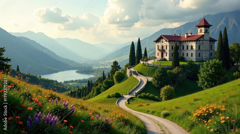 Serene Hilltop Estate with Winding Path and Vibrant Wildflowers, Overlooking a Tranquil Lake Nestled Amidst Majestic Mountains at Sunset Serene Hilltop Estate with Winding Path and Vibrant Wildflowers, Overlooking a Tranquil Lake Nestled Amidst Majestic Mountains at Sunset