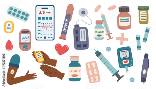 Concept of diabetes, medicine and healthcare. Medical equipment set for measuring sugar level and insulin injections. Insulin pumps, glucometer, phone, insulin, syringe, pills and human hands.